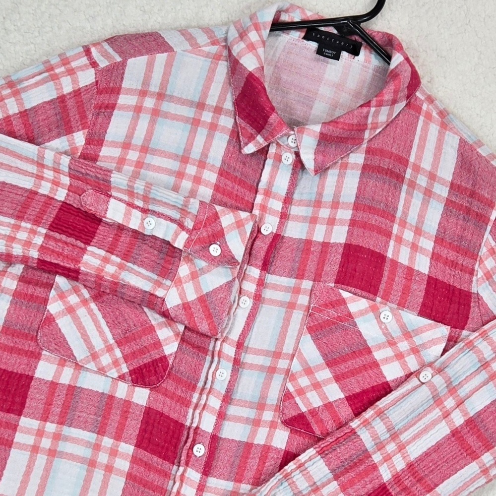 Sanctuary Tomboy Shirt Womens L Red Pink Plaid Gauze Button Down Roll Tab Sleeve